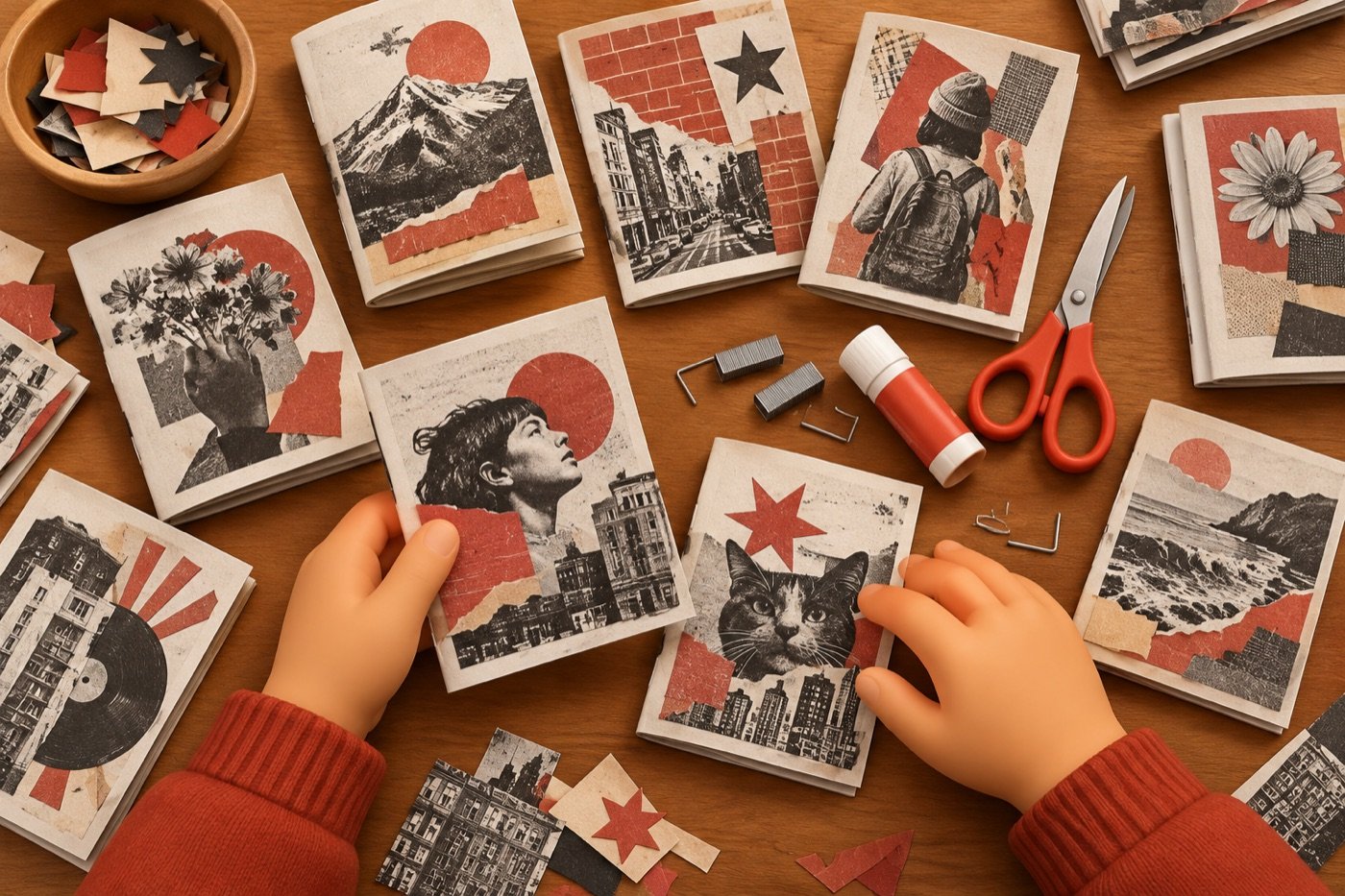 Mani che sistemano fanzine fotocopiate con copertine a collage su un tavolo di legno.
